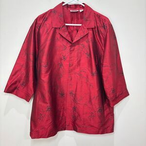 Chicos Red Silk Button Up Top XL Satin Floral Asian Relaxed Fit Holidays Elegant